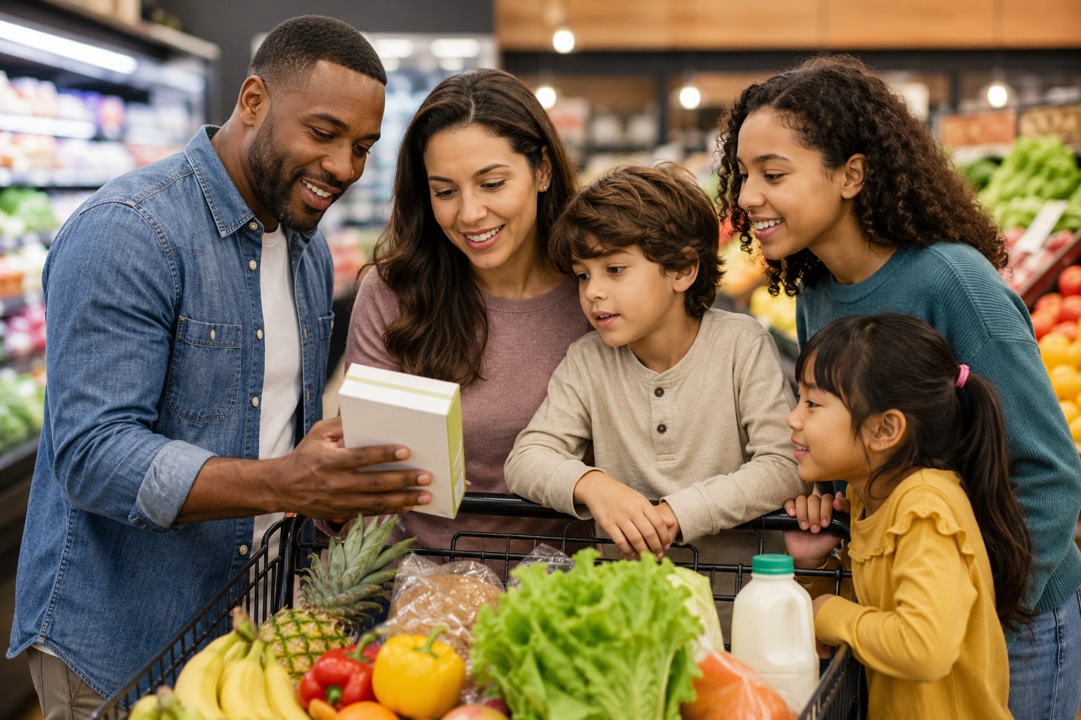Parent reading a nutrition facts label on a packaged food while shopping with a child in a grocery store