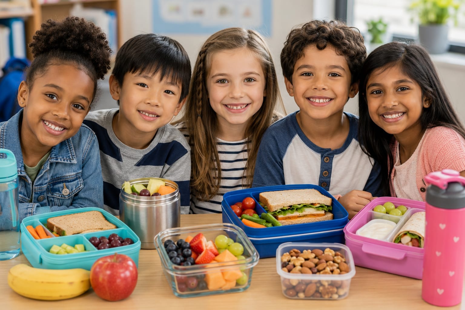 Healthy school lunchbox with whole grain sandwich, fresh fruit, vegetables, yogurt, and water for kids