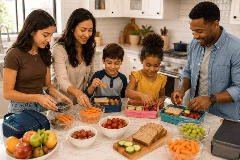 Healthy snacks for kids including fresh fruit, vegetables, yogurt, cheese, hummus, and whole-grain crackers arranged on a wooden table
