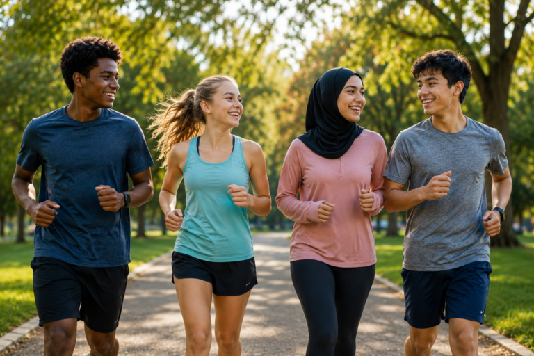 A diverse group of four teenagers from different ethnic backgrounds jogging together in a sunny park, smiling and chatting while enjoying an active outdoor workout.