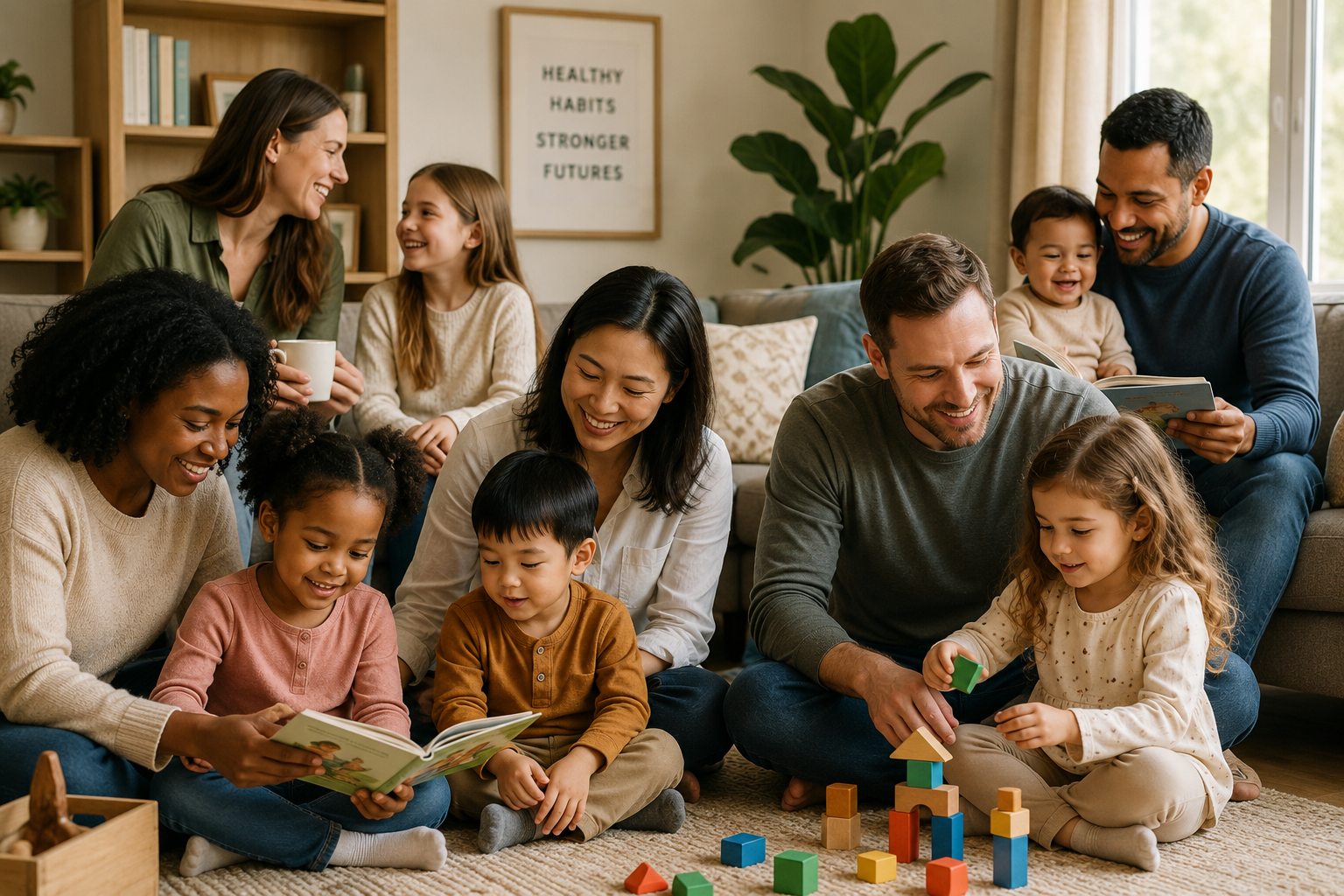 Diverse multicultural family reading and playing together at home