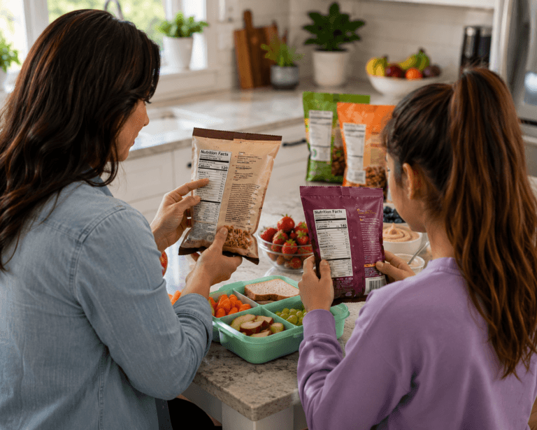 Parent and teenage daughter reading nutrition facts and ingredient labels on packaged snacks while preparing a healthy lunch in a modern family kitchen.