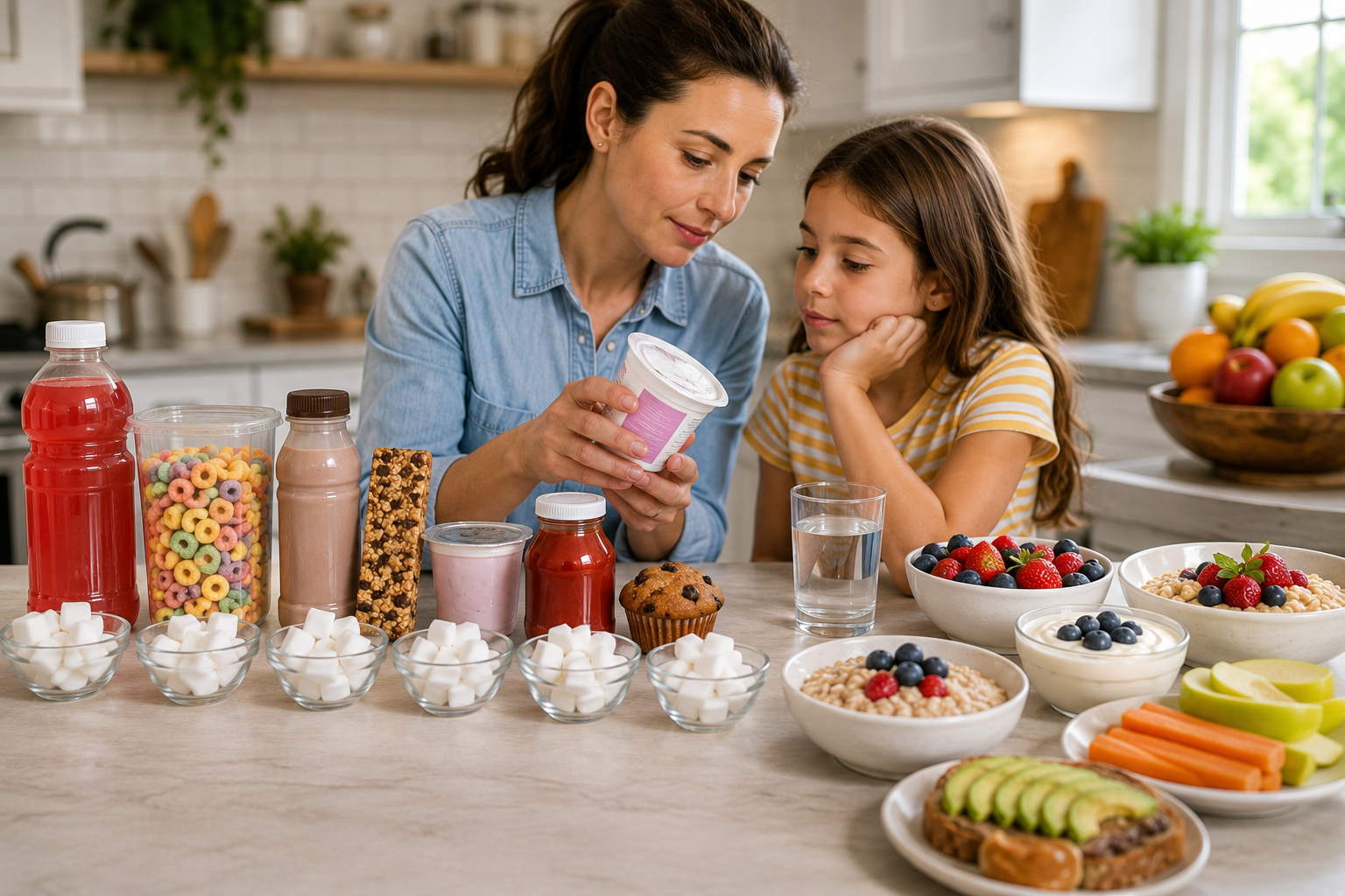 Parent and child choosing healthy snacks in a bright kitchen with fresh fruit, vegetables, yogurt, and whole foods alongside sugary packaged snacks, illustrating healthier food choices for children.