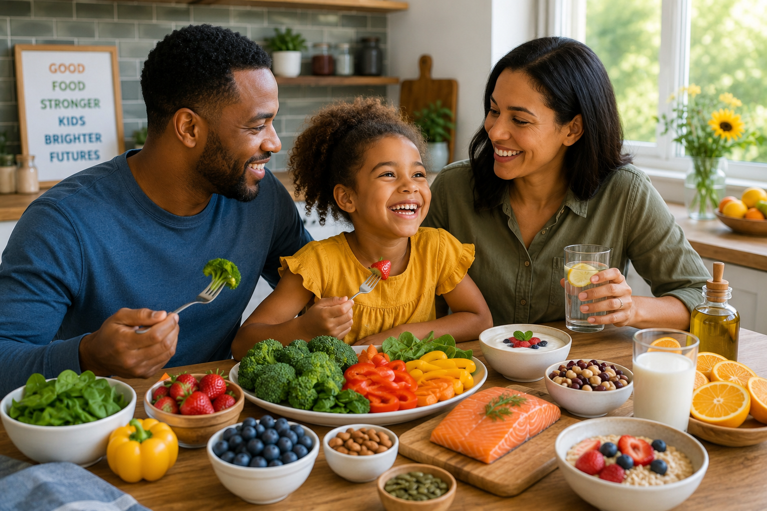 Diverse American family enjoying a healthy meal together with fresh fruits, vegetables, salmon, yogurt, nuts, and leafy greens to support children's immune health in a bright modern kitchen.