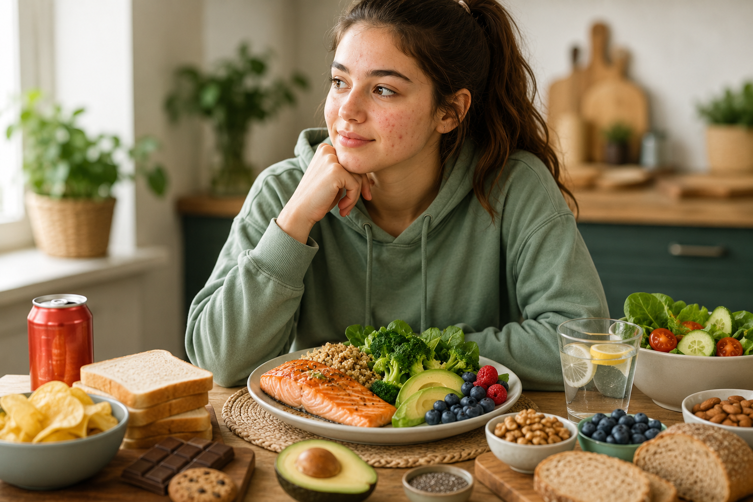 Teen with mild acne sitting in front of healthy foods like salmon, vegetables, berries, avocado, and whole grains alongside processed snacks, illustrating how dietary choices may influence teen acne.