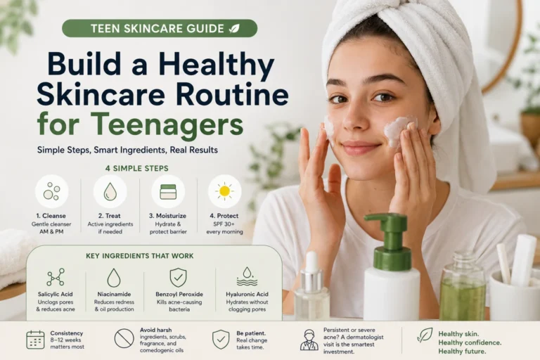 Healthy skincare routine for teenagers — 4 steps: cleanse, treat, moisturize, protect