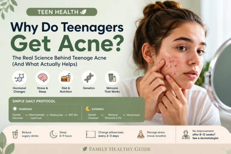 Why do teenagers get acne — hormones, stress, diet, genetics and skincare infographic