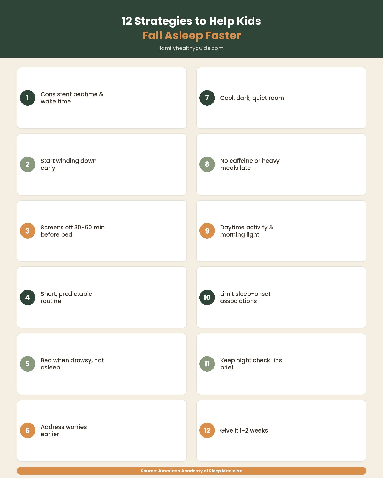 Infographic listing 12 strategies to help kids fall asleep faster