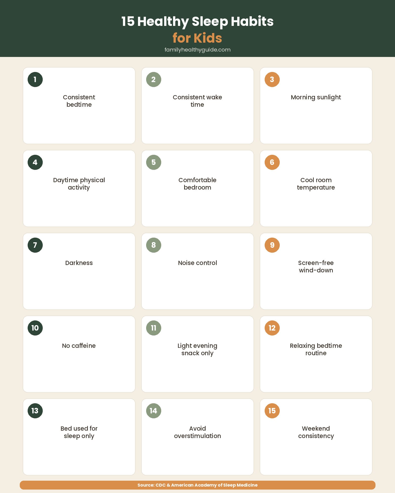 15 healthy sleep habits for kids infographic with numbered tips