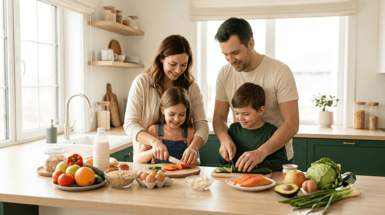 Parents and two children preparing food together at a kitchen counter, the children chopping carrots and cucumber among fresh produce, eggs and milk