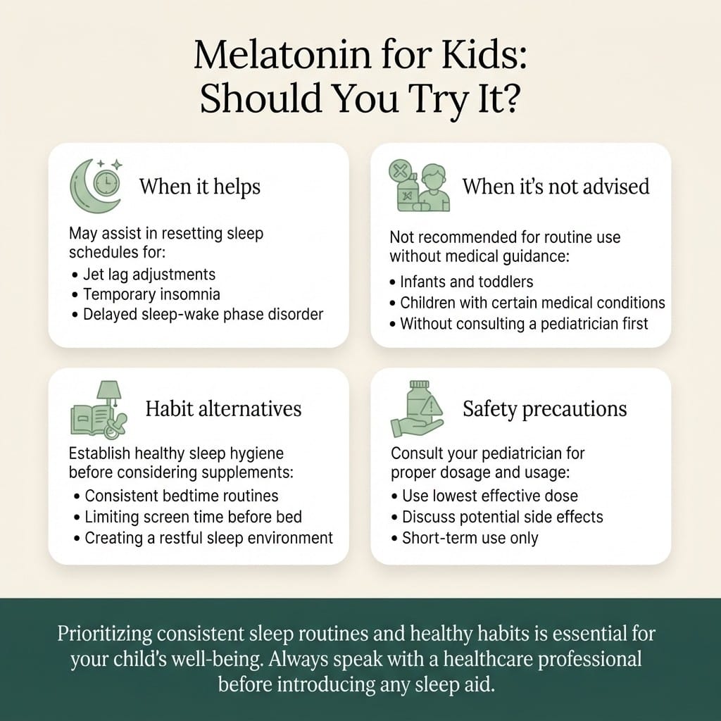 Infographic on melatonin for kids: when it helps, when it's not advised, habit alternatives, and safety precautions
