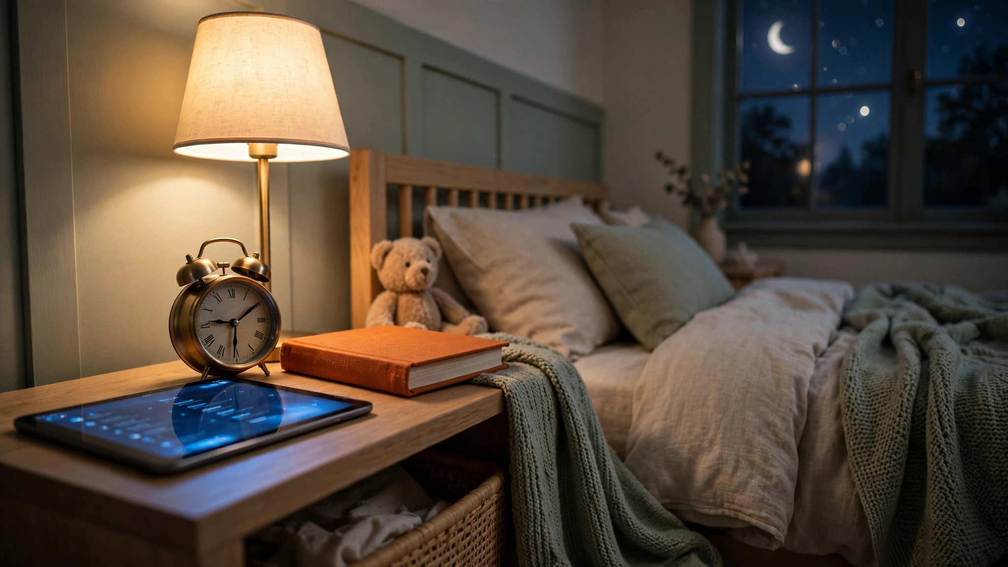 Child using a tablet in bed at night with warm lamp light, illustrating evening screen use before sleep
