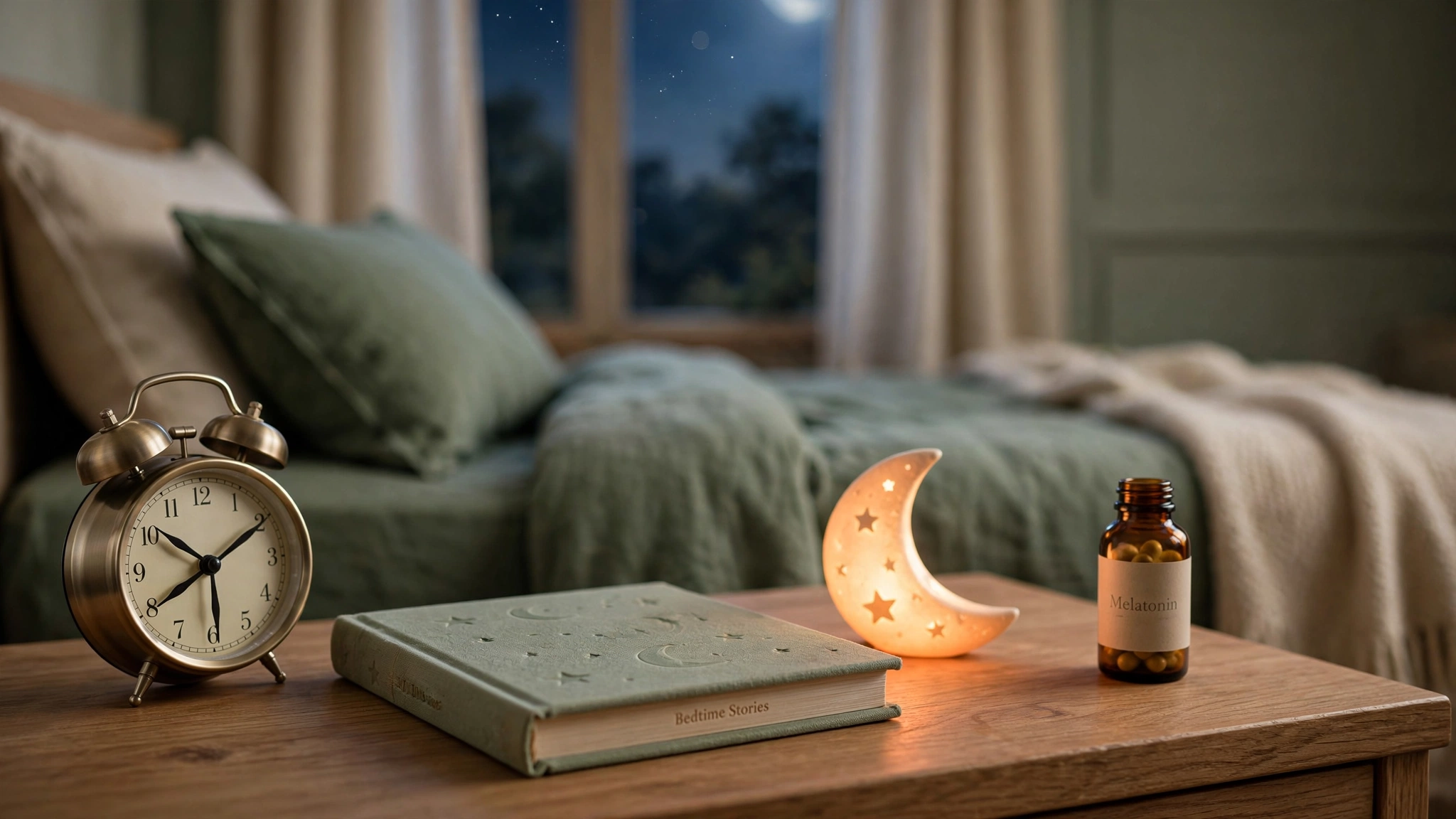 Parent tucking in a sleepy child at bedtime in a warm, cozy bedroom