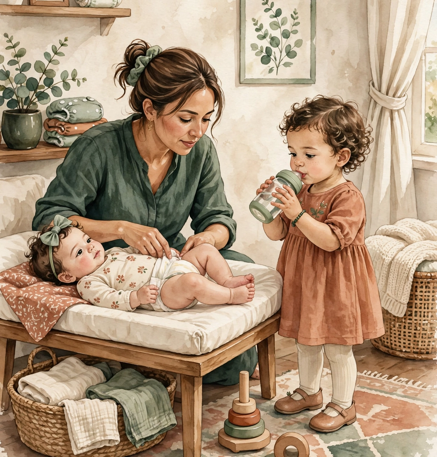 Mother changing baby girl diaper, toddler sister drinking from sippy cup - signs of dehydration in babies and young children