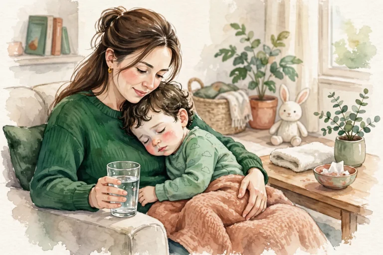 Mother holding and comforting sick toddler with glass of water nearby - child vomiting and diarrhea care at home, general information