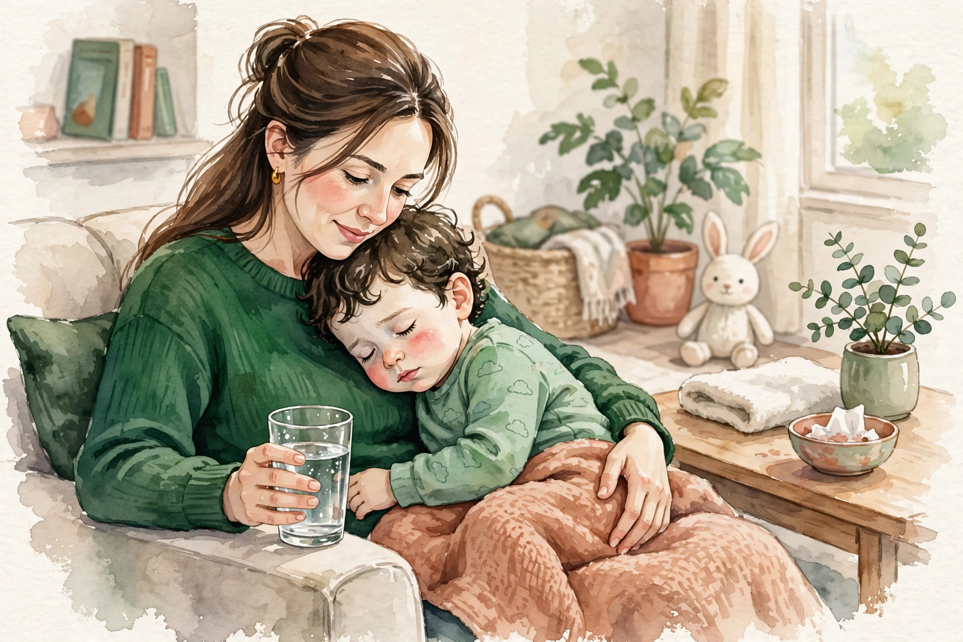 Mother holding and comforting sick toddler with glass of water nearby - child vomiting and diarrhea care at home, general information