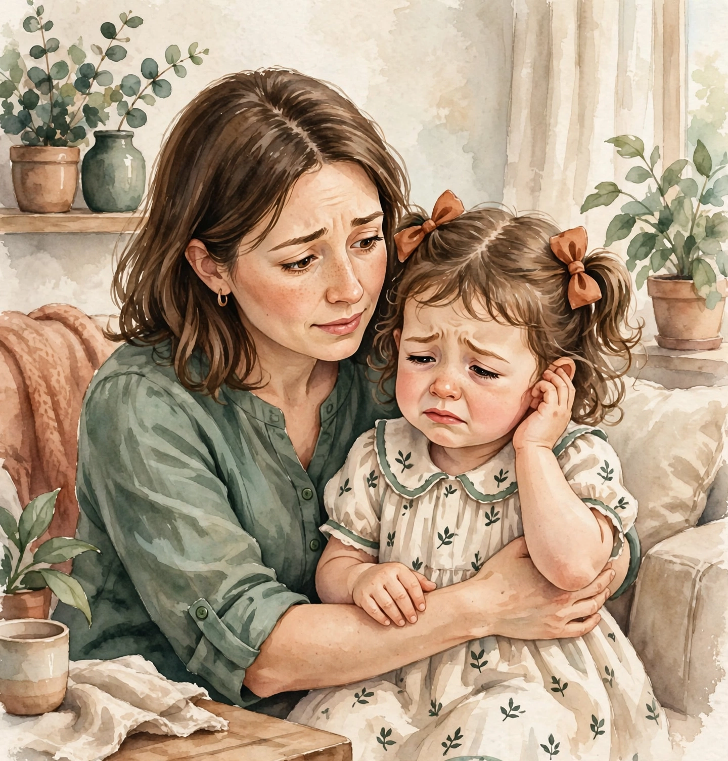 Mother holding toddler girl with hand on ear showing ear pain discomfort, cozy home watercolor illustration