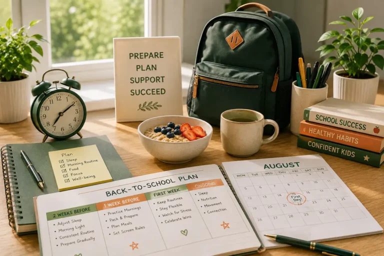 An open back-to-school planner showing a week-by-week preparation timeline, beside an alarm clock, packed backpack, breakfast bowl, and a calendar with the first day of school circled