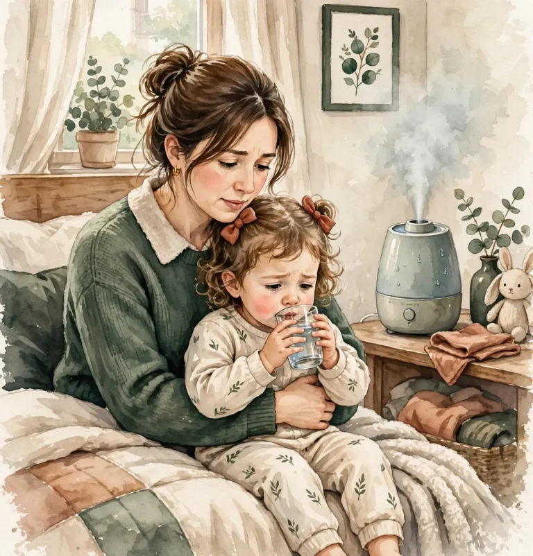 Mother holding a coughing toddler who is drinking water, with a cool-mist humidifier nearby - cough in children, home care and when to seek help