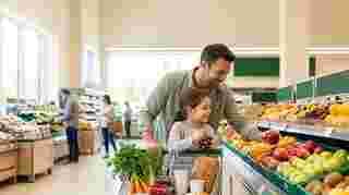 Father and daughter shopping for fresh fruits and vegetables together at the grocery store