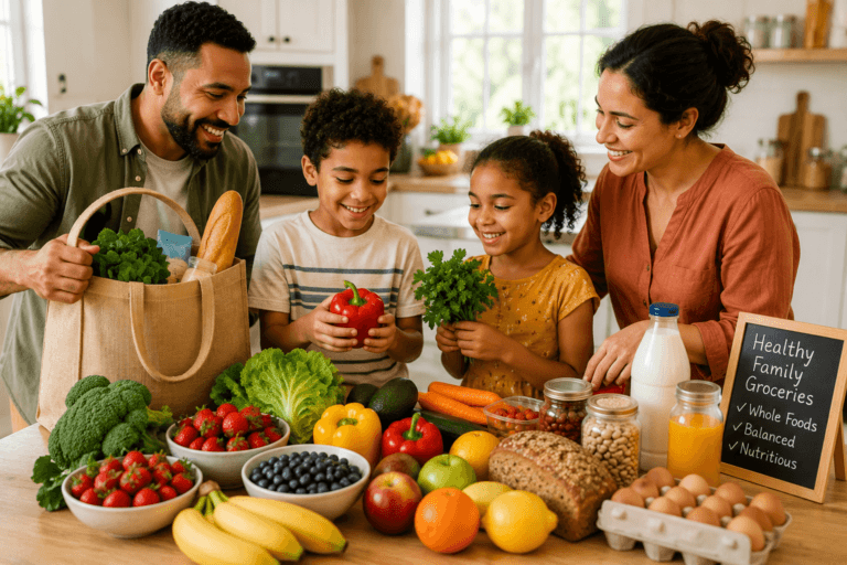 A family of four in a kitchen unpacking grocery bags amid fresh vegetables, fruit and milk; a chalkboard reads Healthy Family Groceries