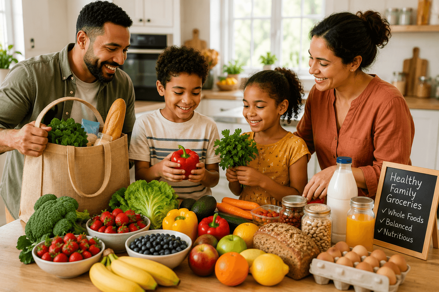 A family of four in a kitchen unpacking grocery bags amid fresh vegetables, fruit and milk; a chalkboard reads Healthy Family Groceries