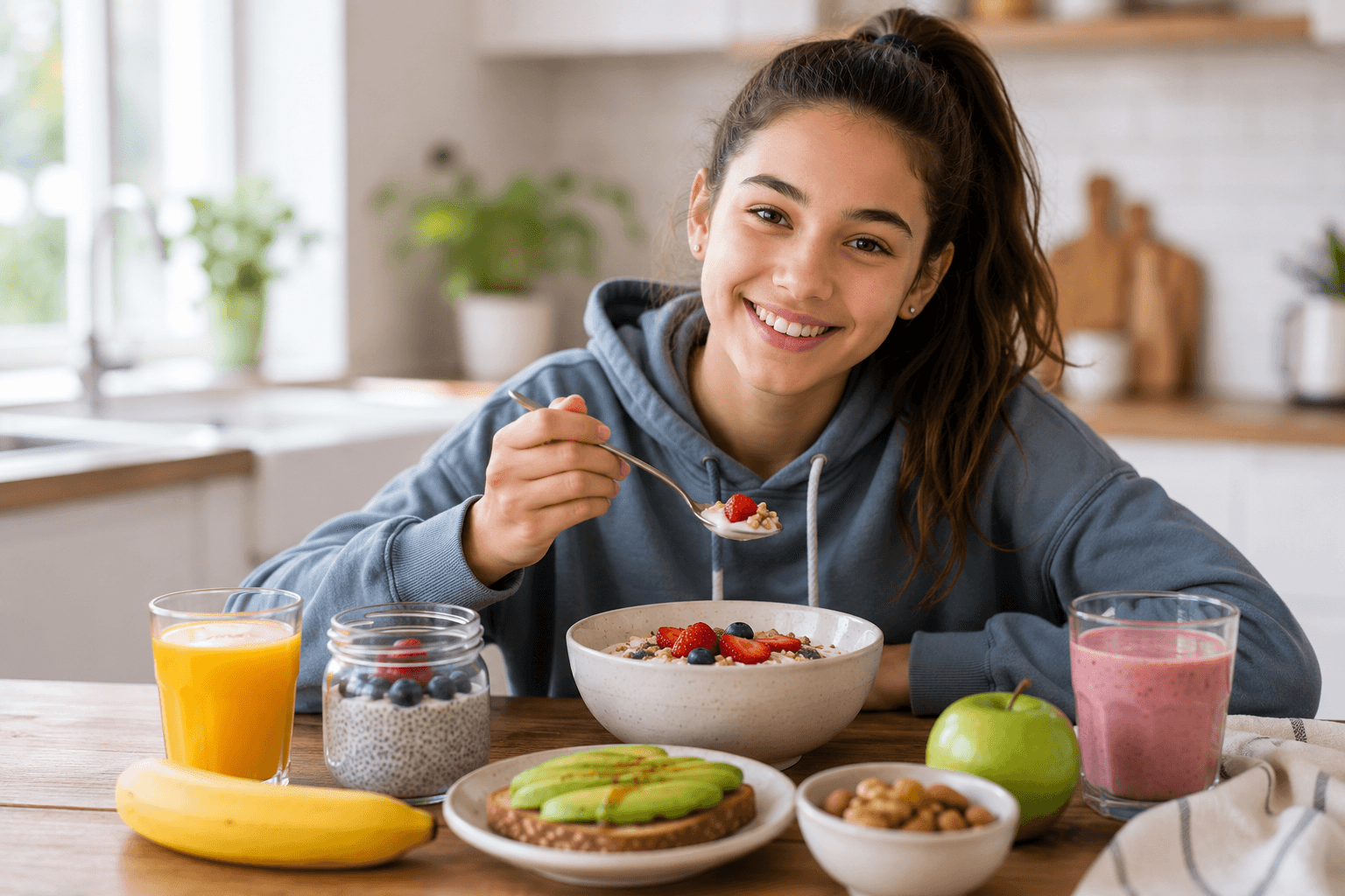 Healthy breakfast for teenagers featuring yogurt with berries, avocado toast, banana, chia pudding, smoothie, and fresh fruit in a bright kitchen.