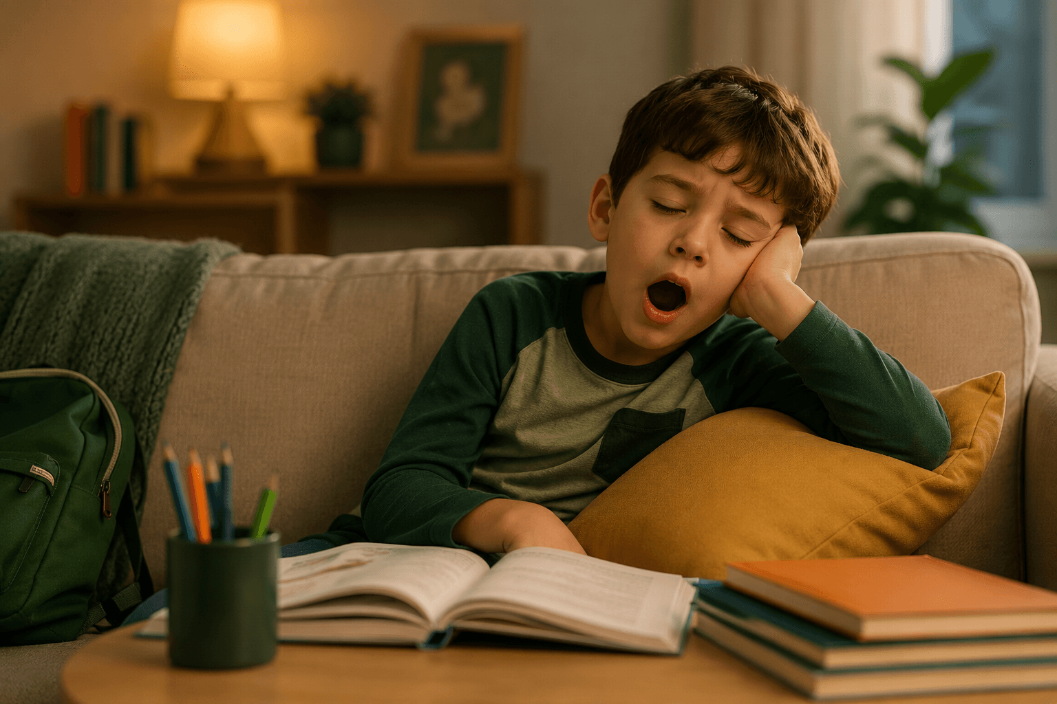 Tired child yawning over homework on the couch, showing signs of sleep deprivation