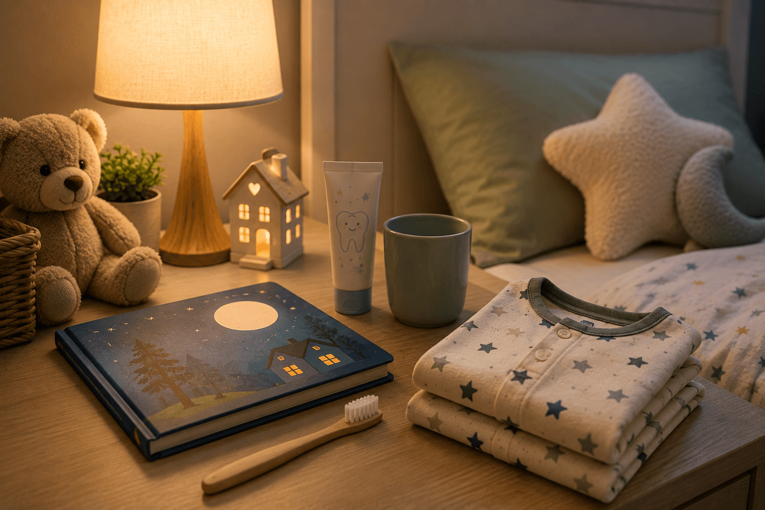 Minimalist, calm children's bedroom optimized for healthy sleep with blackout curtains, soft bedding and dim lamp