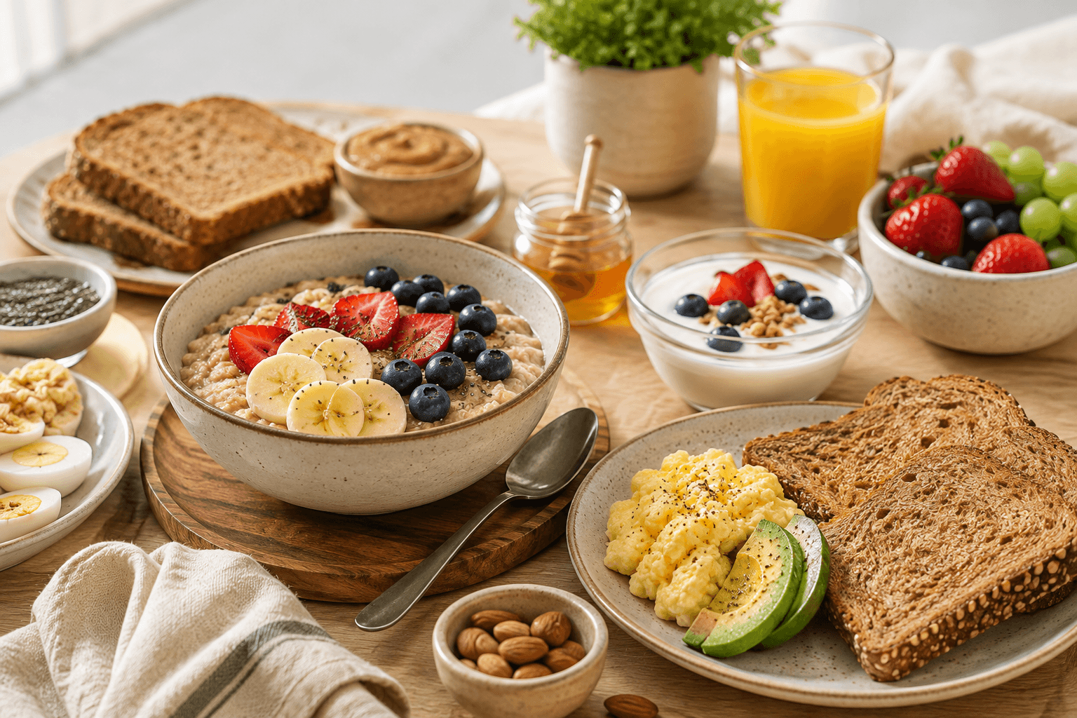 Breakfast spread of oatmeal topped with strawberries, banana and blueberries, whole-grain toast, peanut butter, honey, yogurt with granola, scrambled eggs with avocado, boiled eggs and orange juice
