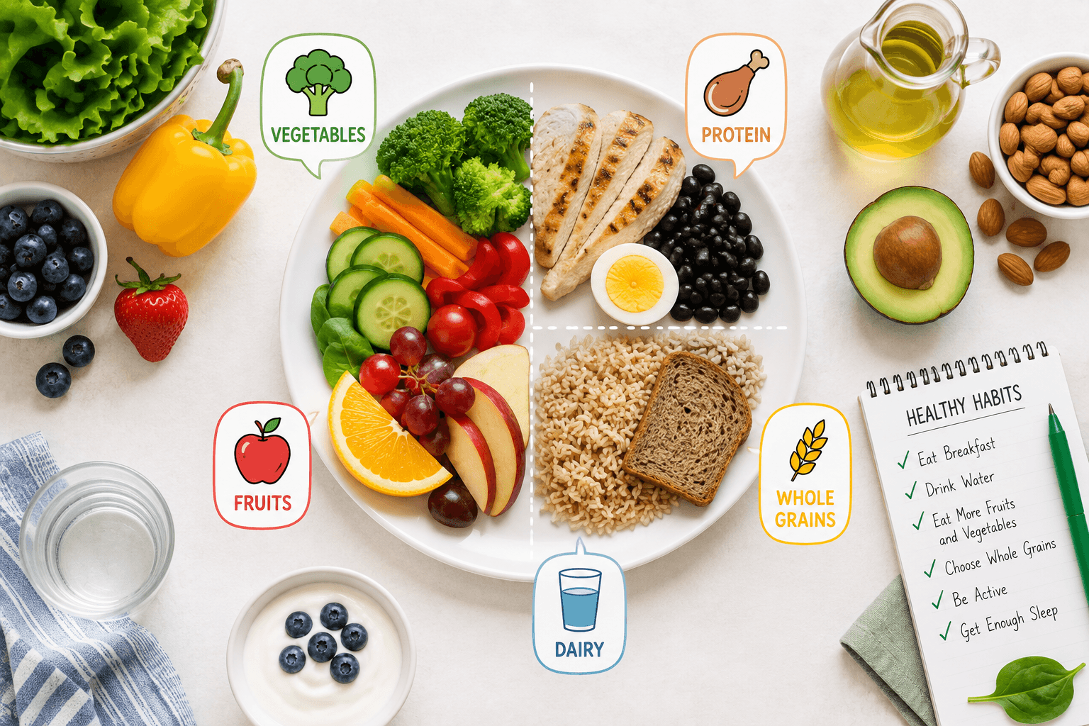 Flat lay of a plate divided into four labelled quarters, vegetables, protein, fruits and whole grains, surrounded by berries, peppers, almonds, avocado and a notepad headed Healthy Habits