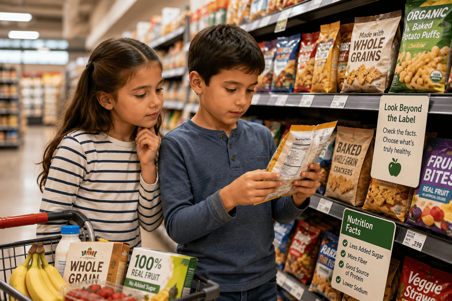 Two children in a supermarket snack aisle, the boy reading the back of a packet while the girl looks on; an overlaid card reads Look Beyond the Label