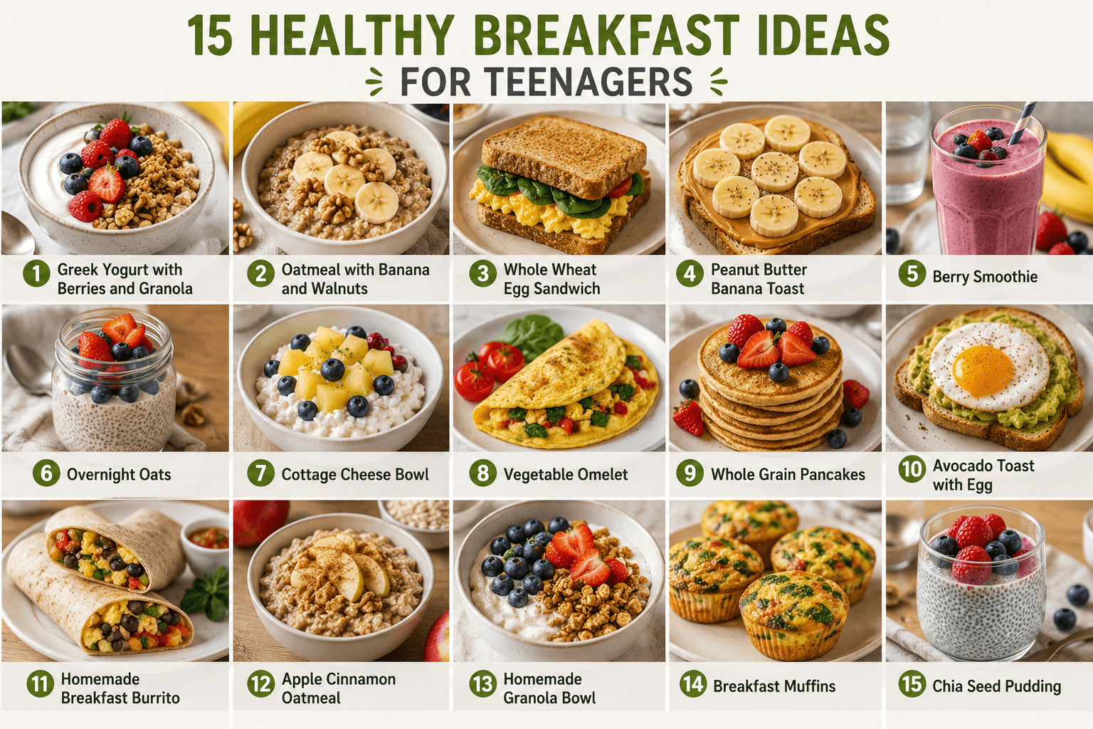 Infographic showing 15 healthy breakfast ideas for teenagers, including Greek yogurt with berries, oatmeal, egg sandwiches, smoothies, and avocado toast