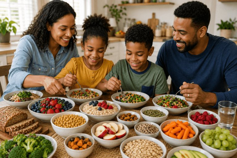 A family of four eating from bowls of berries, oatmeal, chickpeas, lentils and grapes at a table with whole-grain bread