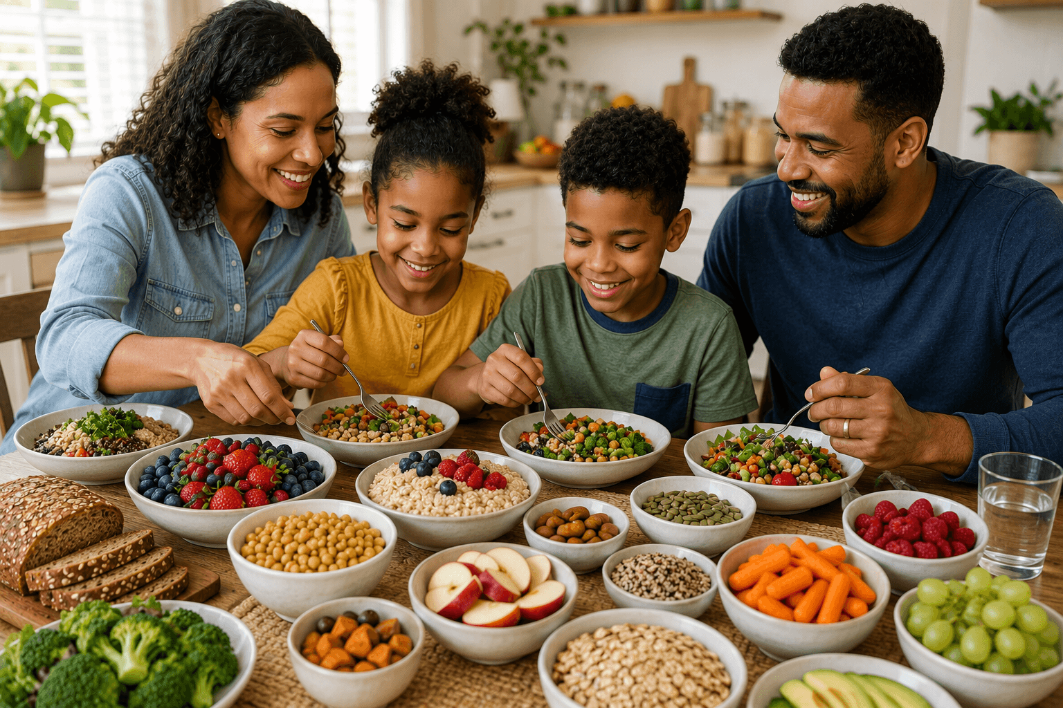 A family of four eating from bowls of berries, oatmeal, chickpeas, lentils and grapes at a table with whole-grain bread