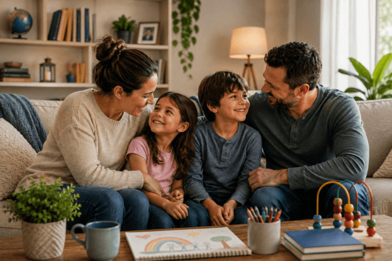 A family of four sitting close together on a living-room sofa, the parents and two children smiling at one another