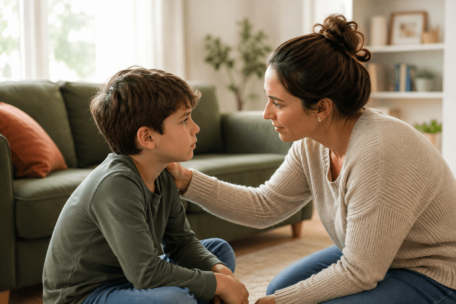 A mother kneeling on the floor at eye level with her son, one hand on his shoulder, the two looking at each other in a living room