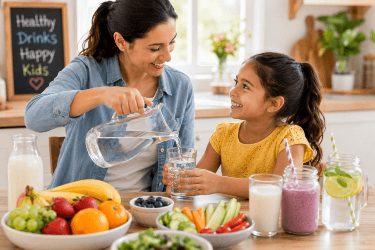 A mother pouring water from a jug into a glass held by a smiling girl at a kitchen table, with milk, fruit and jars of drinks nearby; a chalkboard reads Healthy Drinks Happy Kids