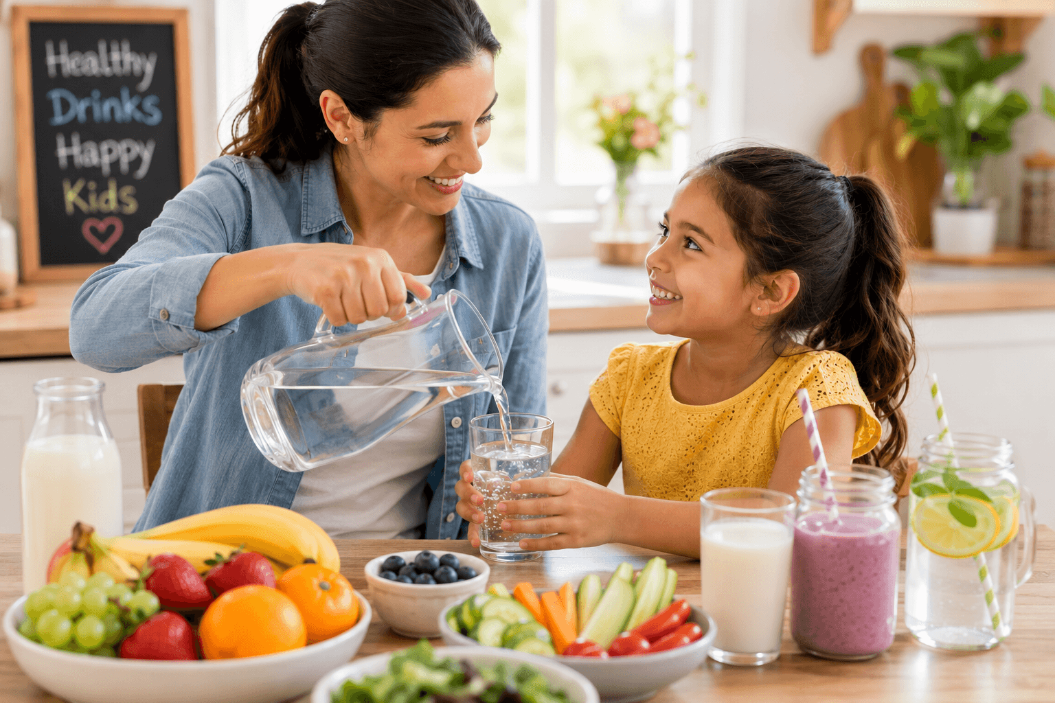 A mother pouring water from a jug into a glass held by a smiling girl at a kitchen table, with milk, fruit and jars of drinks nearby; a chalkboard reads Healthy Drinks Happy Kids