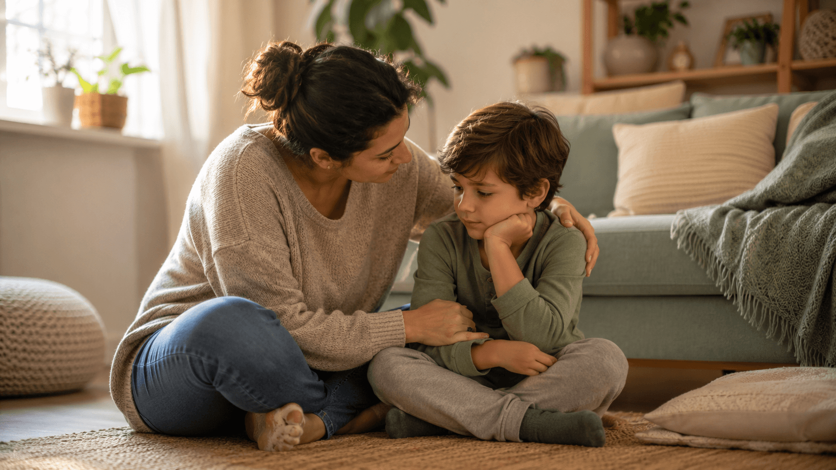 A mother crouching beside her son on the living-room floor, one arm around him, as he sits with his chin on his hand looking down