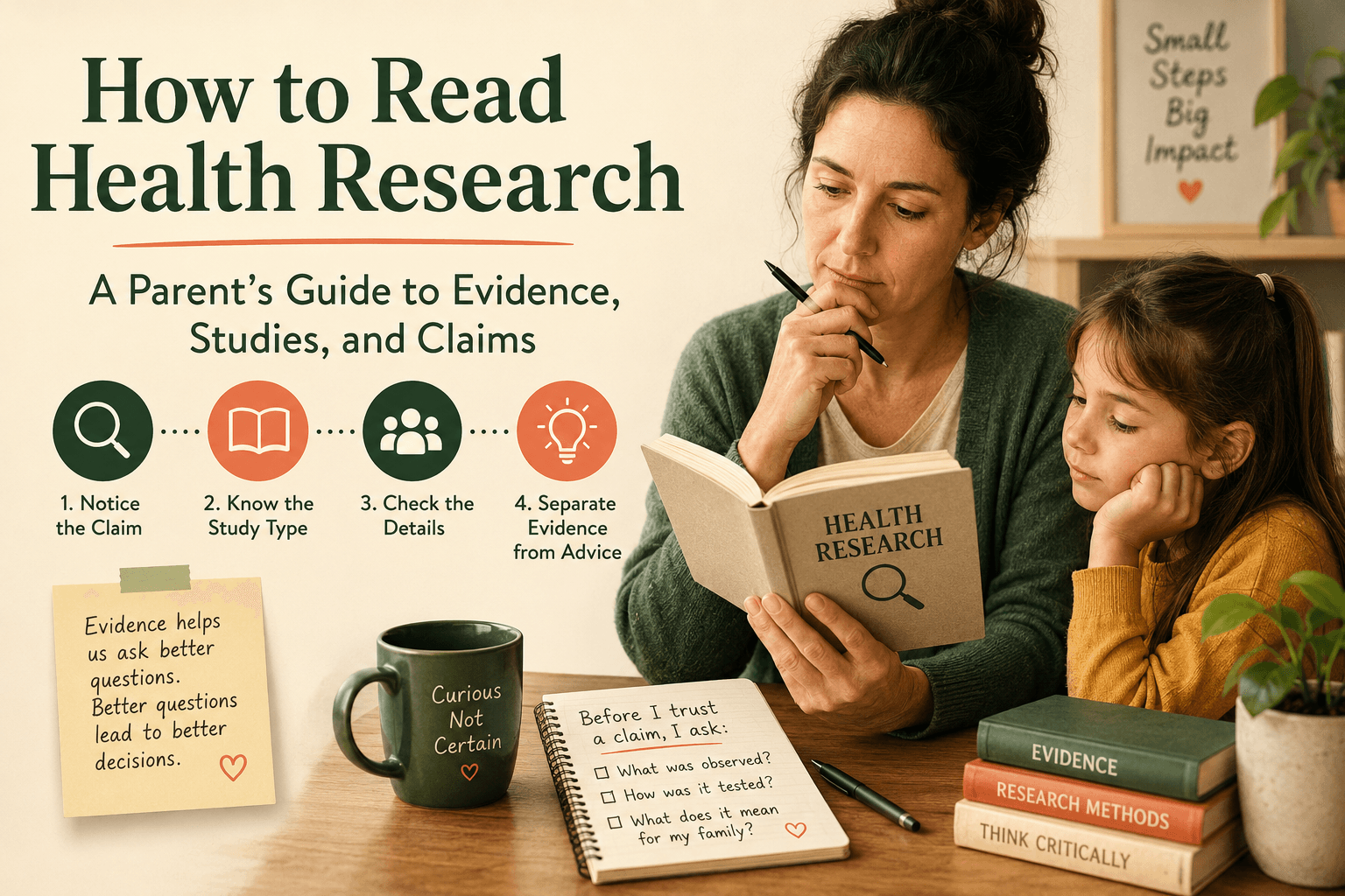 How to Read Health Research infographic showing four parts: observation versus causation, study types, evaluating research details, and separating evidence from recommendations.