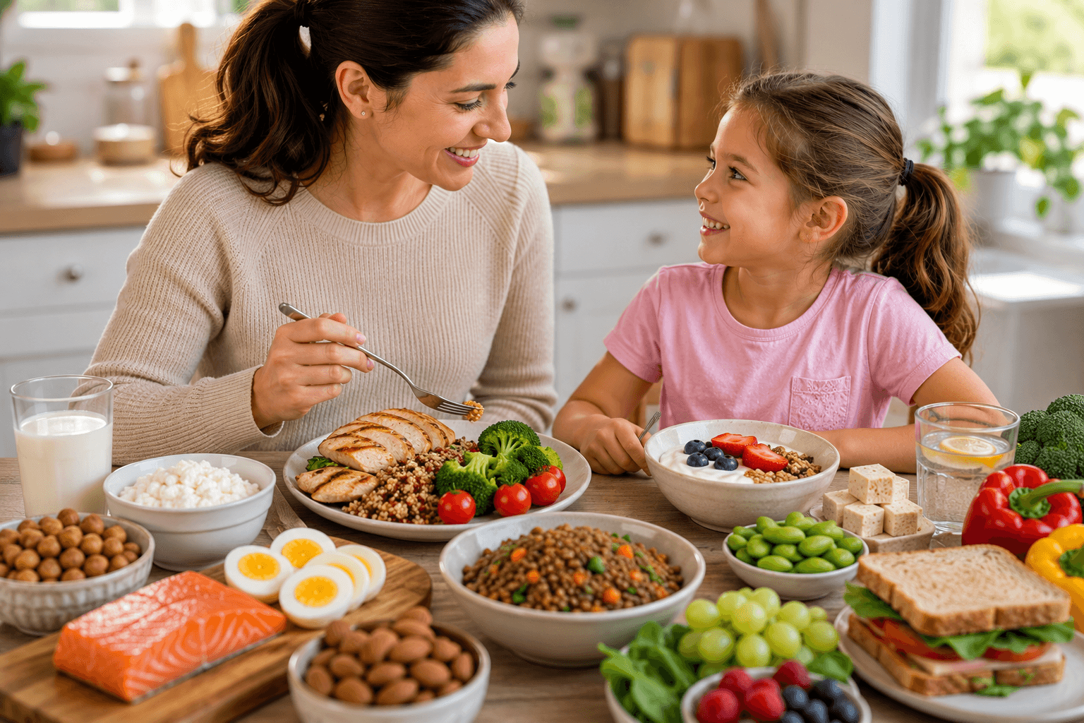 A mother and daughter smiling at each other over a table of sliced chicken, quinoa, broccoli, eggs, tomatoes, lentils, edamame, tofu, milk and yogurt with berries