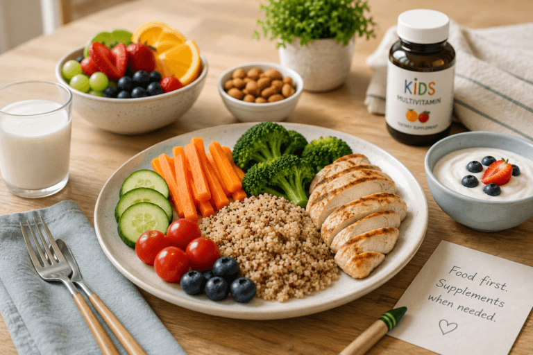 A plate of grilled chicken, quinoa, broccoli, carrots, cucumber and tomatoes beside a glass of milk, bowls of fruit and yogurt, and a bottle of kids' multivitamins