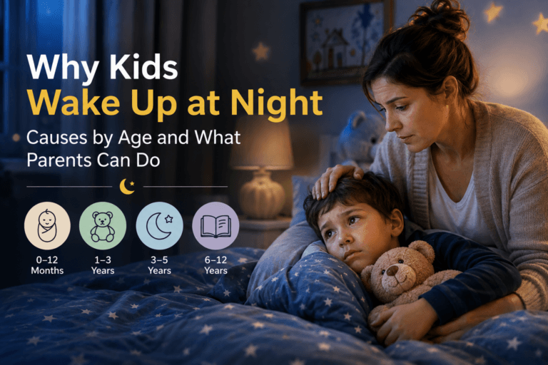 Child waking up briefly at night in a cozy bedroom, parent comforting them calmly