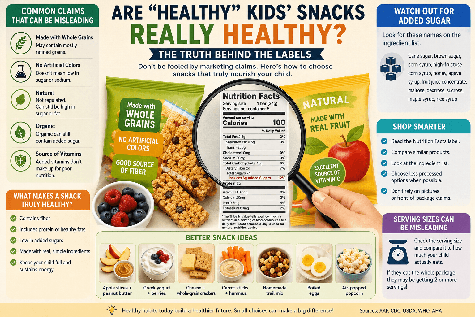 Infographic: Are "healthy" kids' snacks really healthy? The truth behind the labels, showing common misleading claims, added sugar sources, and better snack ideas