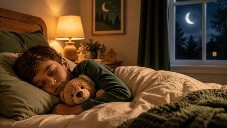 Child sleeping peacefully in a cozy bedroom at night with a teddy bear