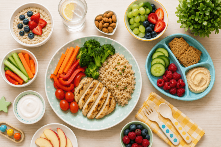 Flat lay of a plate of grilled chicken, grains, broccoli, carrots and peppers beside a divided children's tray with cucumber, crackers, raspberries and hummus, plus bowls of oatmeal, almonds and grapes
