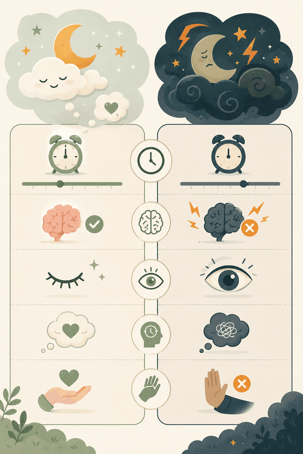 Infographic comparing nightmares and night terrors across timing, brain activity, awareness, memory, and response