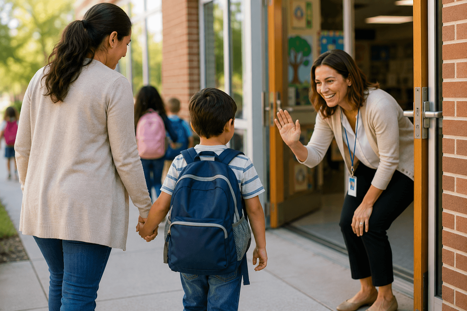 A parent walking a boy with a backpack toward a school entrance, where a smiling staff member waves them in