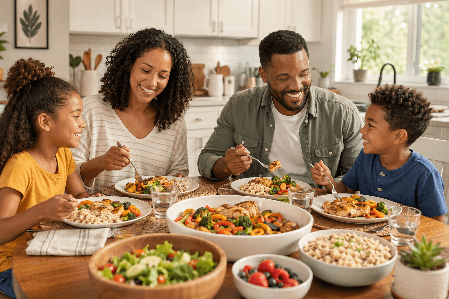 A family of four eating dinner together at a table, with plates of chicken, broccoli, carrots, peppers and rice in front of them in a bright kitchen